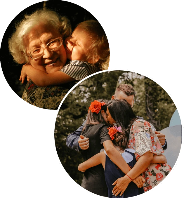 Montage de deux photos : Une grand-mère porte sa petite-fille et lui fait un câlin plein de tendresse et Des mariés et leurs filles s’embrassent pendant la cérémonie de mariage, crédit photo : Méryl Montagné