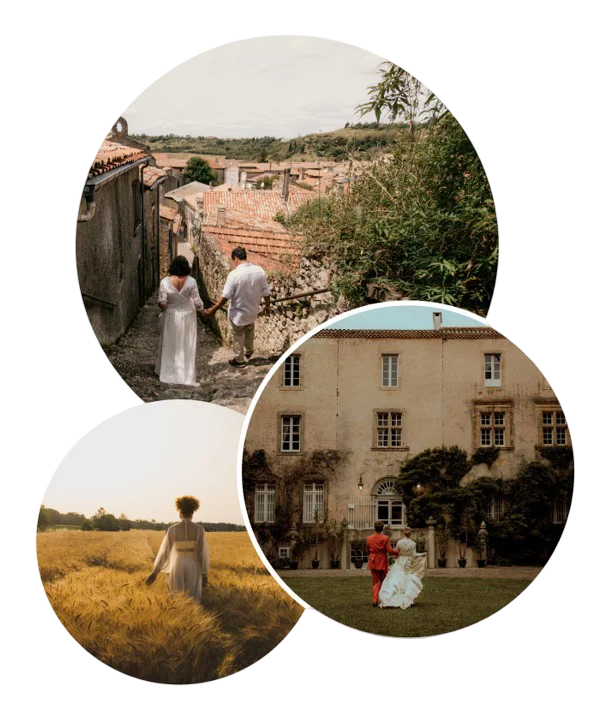 Montage photos : un couple de mariés marche vers un château et une mariée marche seule dans un champ de blés.